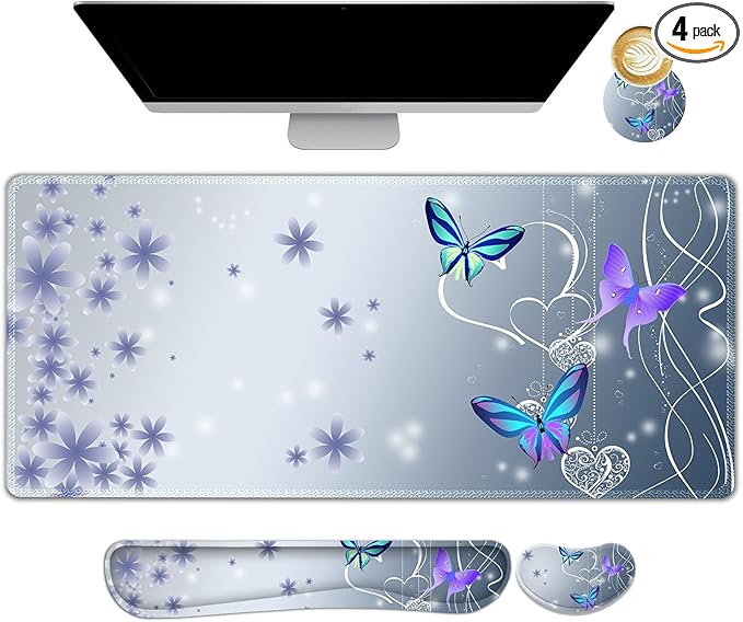 Cute Butterfly Desk Mat Florals 4 in1 Large Gaming Mouse Pad Set Ergonomics Keyboard Pad with Memory Foam Wrist Rest Extended Game Mousepad Non-Slip Desk Protector Matt Easy Typing Pain Relief