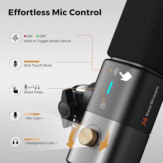 NearStream AM25X Gen2 XLR/USB Condenser Microphone with Noise Canceling/Volume Control/Headphone Jack/Mute Podcast Microphone for PC/Audio Mixer Desktop Mic for Stream/Podcast/Gaming/Music Record