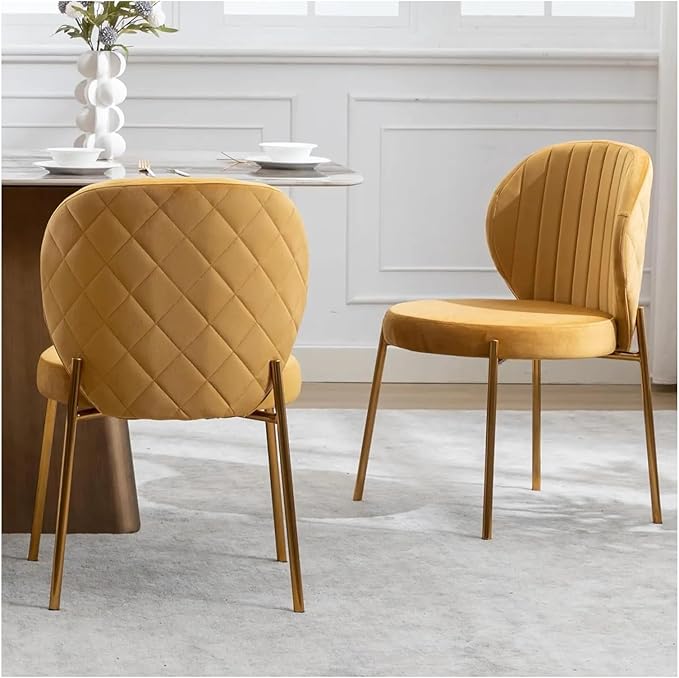 Adjustable Office Computer Chair with Armrest 1pcs Modern Style Velvet Yellow Upholstered Dining Room Chairs with Golden Metal Leg