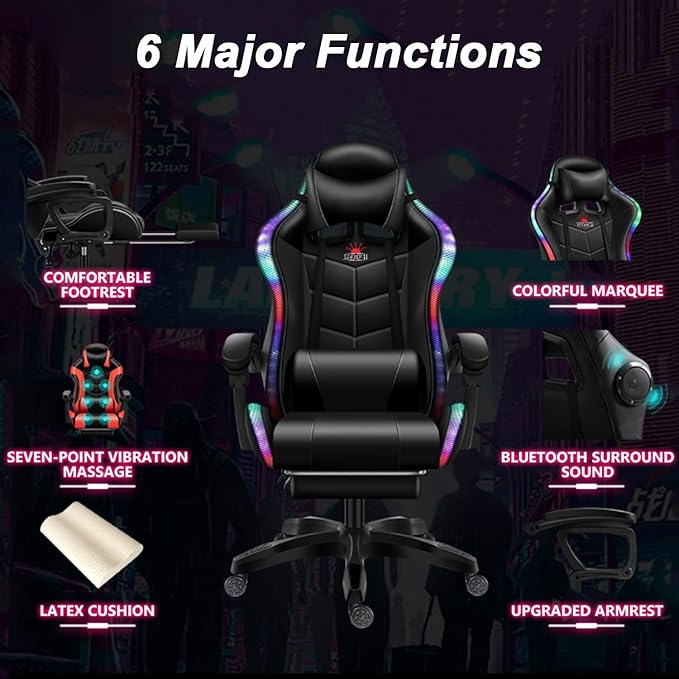 LED Gaming Chair with Speakers Massage Computer Chair Ergonomic Racing Office Chair PU Leather Recliner Swivel Gamer Chair with Lumbar Support Headrest Armrest and FootrestWhite