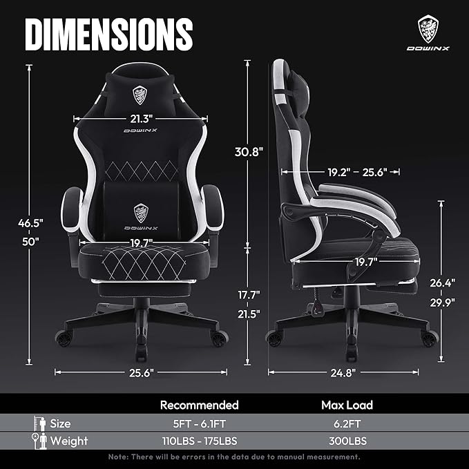 Dowinx Fabric Gaming Chair Ergonomic Computer Chair with Footrest and Pocket Spring Cushion Height Adjustable Video Gamer Chair with Lumbar Support for Adults Black