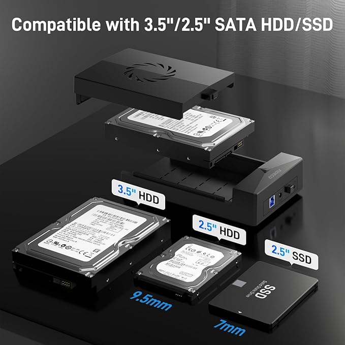 FIDECO Hard Drive Enclosure for 3.5 or 2.5 inch SATA HDD SSD SATA to USB Adapter with Cooling Fan External HDD Enclosure with 12V Power Adapter Support UASP Tool-Free Plug and Play