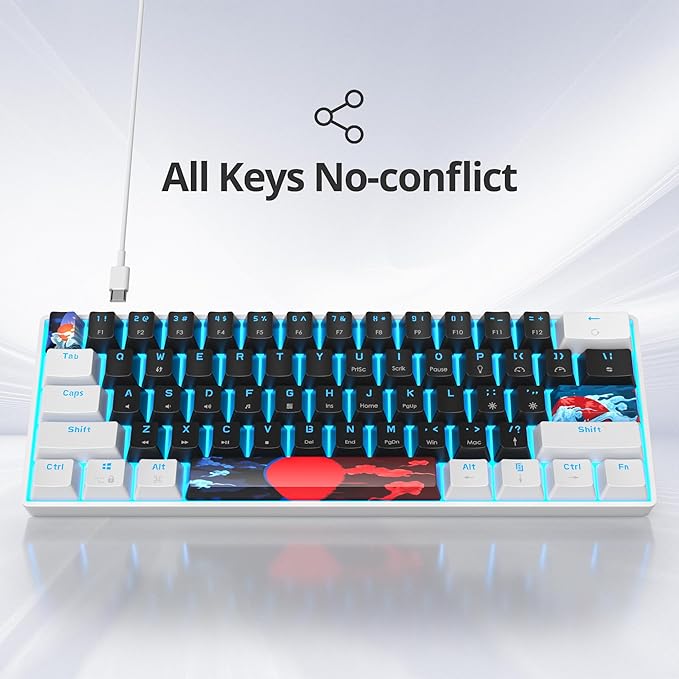 Protable 60% Percent Gaming Keyboard Mechanical Mini Compact Ice-Blue LED Backlit 61 Keys Wired Office Keyboard with Red Switch for Mac/Win/PS4/PS5(61Black/red Switch)