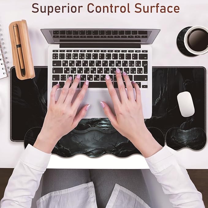 Large Gaming Table Pad 31.5 x 11.8 + Keyboard Wrist Pad + Mouse Wrist Pad + Coaster Non-Slip Base 4-in-1 Set Ergonomic Memory Foam Easy Typing Pain Relief Strange Mysterious Dark Forest
