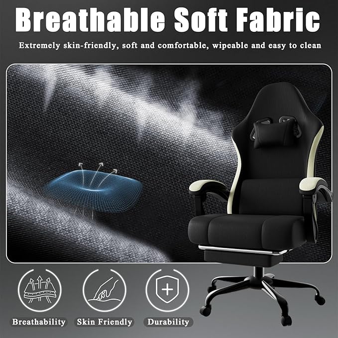 Gaming Chair High Back Fabric Computer Chair with Pocketed Spring Cushion and Footrest Height Adjustable Game Chair with Headrest and Lumbar Support