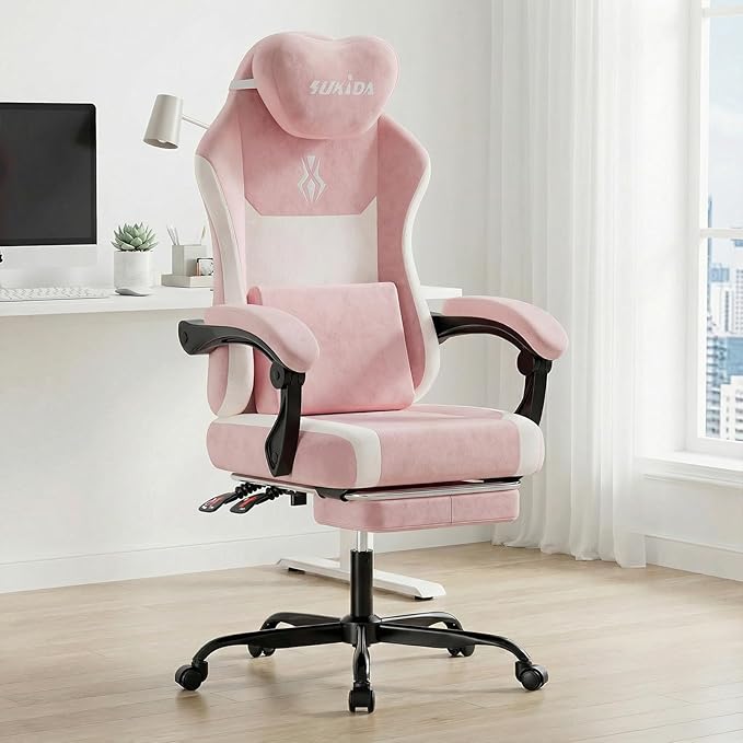 SUKIDA Ergonomic Gaming Chair — Premium Computer Video Gaming Chair with Massage Lumbar Support Adjustable Headrest &amp Footrest Plush Chenille Fabric for Office and Home UsePink