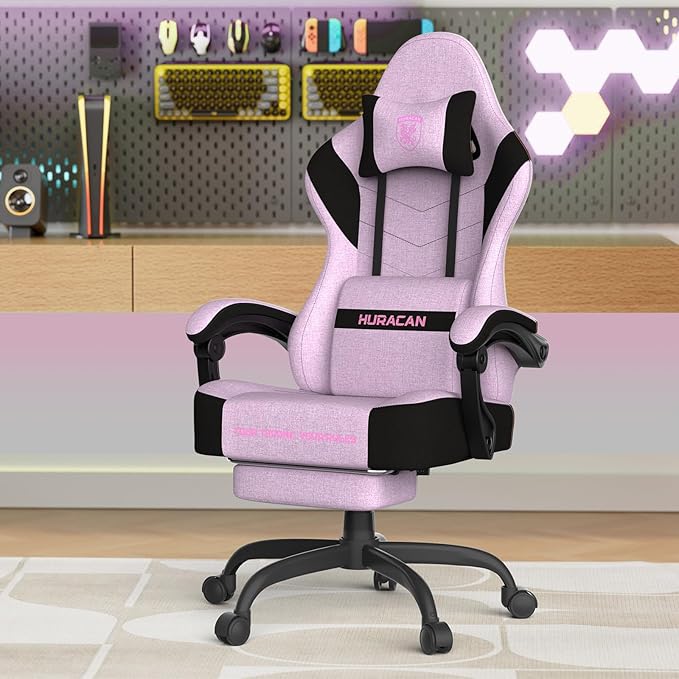 Ferghana Cotton Fabric Gaming Chair with Wider Seat Cushion Shield-Shaped Embroidery Ergonomic High Back Game Chair with Footrest Computer Chair with Massage Lumbar Support for Adult Pink