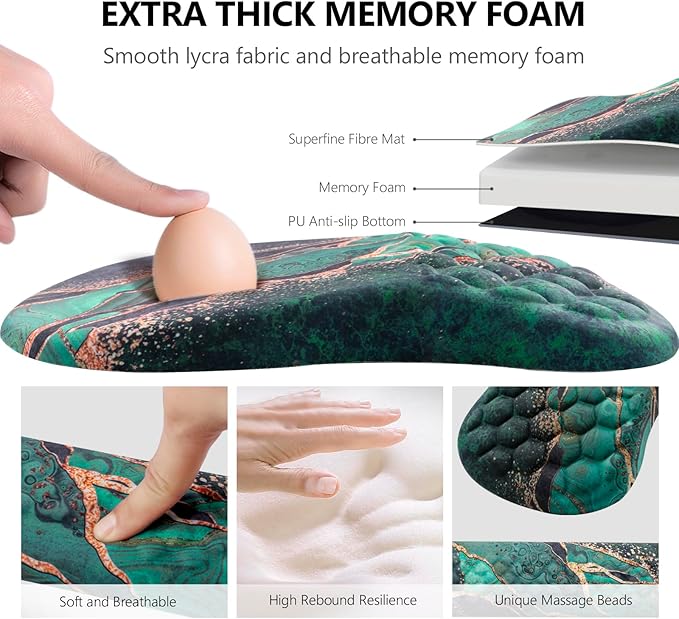Mouse Pad Wrist Support Laokiiy 2 in1 Keyboard Wrist Rest+ Ergonomic Mouse Pad Non-Slip Wrist Rest for Computer Keyboard Made Easy Typing &amp Relieve Wrist Pain（Green Gold Black Marble）