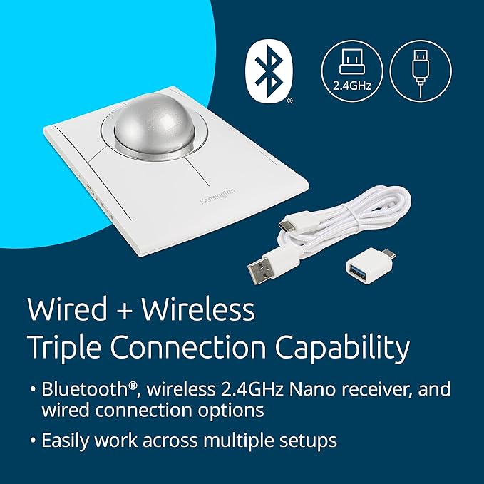 Kensington SlimBlade Pro EQ Wireless Trackball Bluetooth 2.4GHz Connection Rechargeable Programmable Buttons White/Silver Ball