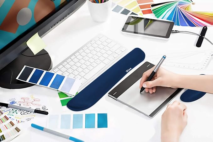 iFine Upgrade Enlarged Memory Foam Set Keyboard &amp Mouse Wrist Rest Pad Cushion Support for Computer Laptop Mac Durable and Comfortable For Office or Home– Pain Relief Stress-free Typing (Navy B