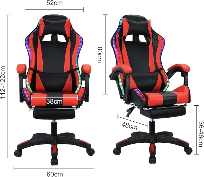 Gaming Chair with Bluetooth Speakers and RGB LED Lights High Back Video Game Massage Chair 360° Swivel Height Adjustable Recliner with Footrest &amp Headrest Lumbar Support Pillows (Black &amp Red)