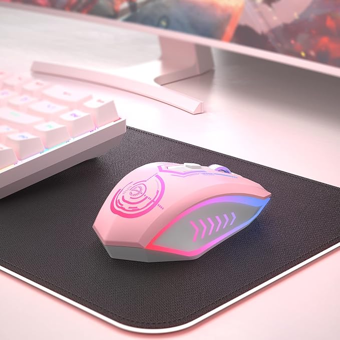 UHURU Gaming Mouse Wireless Gaming Mouse with 6 Buttons 7 Changeable LED Color up to 10000 DPI Rechargeable USB Gamer Mouse for PC Laptop (Pink)
