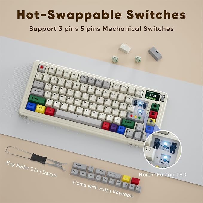 X BOYI C75Pro Retro Gaming Keyboard75&amp Hot Swap Gasket-Mounted Wireless Bluetooth 5.0/2.4G Type-C Wired Custom RGB TKL Mechanical Keyboard with Screen&ampKnob for PC/Mac Gamer