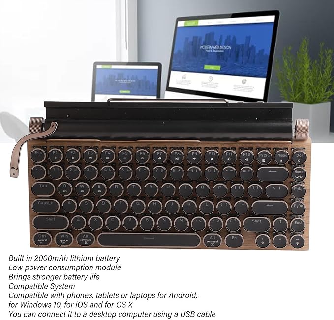 PUSOKEI Retro Typewriter Keyboard Wireless Mechanical Gaming Keyboard 83 Keys Bluetooth Punk RGB Backlit Blue Switch Metal Round KeyCap for PC Laptop Phone (Wood Grain Color)