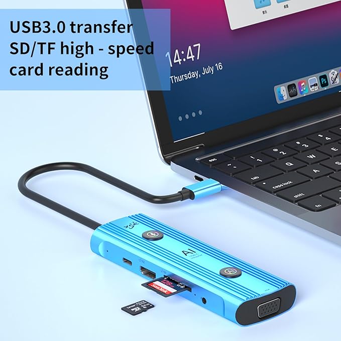 AI USB C Hub 12-in-1 Aluminum Blue Hub with GPT Voice Input 100W HDMI 4K VGA USB 3.0 Card Reader for MacBook HP Dell 0.48x0.15x0.06 Inches