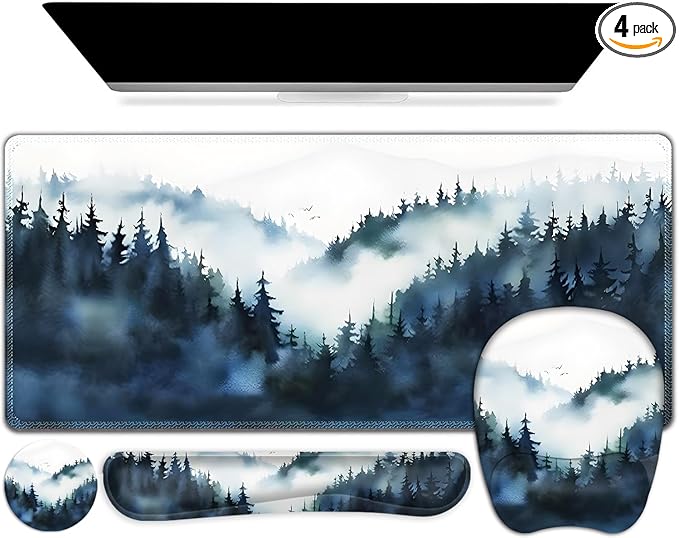 Large Mouse Pad Keyboard Wrist Rest Set Ergonomic Mouse Pad with Wrist Support Desk Mat with Stitched Edges + Coaster Extended Desk Pad Waterproof Desk Mat for Home Office Game I Misty Forest
