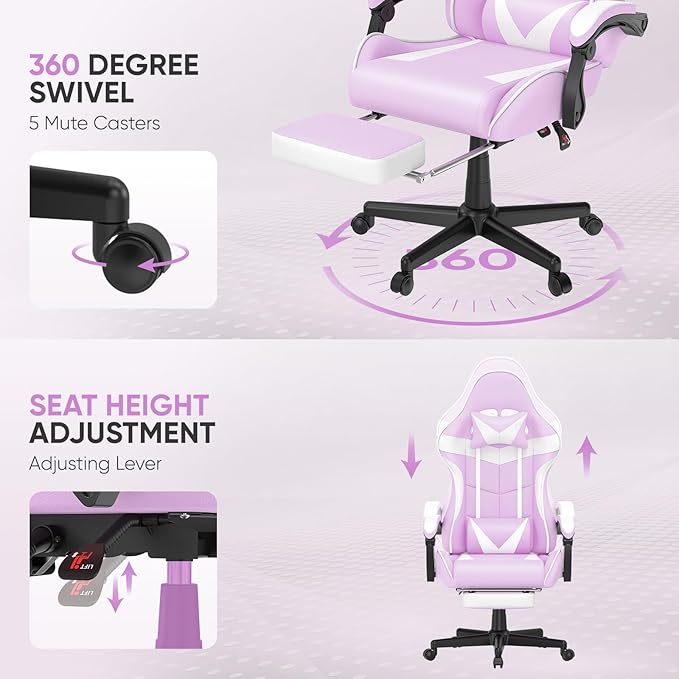 Huracan Gaming Computer Chair with Footrest Adjustable Video Game Chairs for Adults Heavy Duty Office Chair with Headrest and Lumbar Support Light Purple