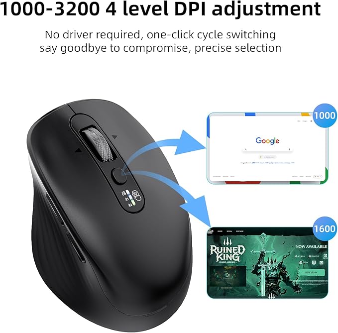 Wireless Bluetooth Mouse Multi Device (BT1/BT2 + 2.4G USB) Mouse for Laptop iPad &amp Mac 4-Way Scroll with Side Buttons Silent Click Ergonomic Offce Mouse Adjustable DPI