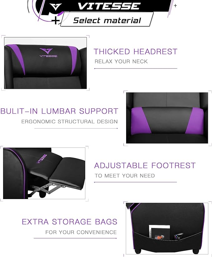 VITESSE Gaming Recliner Chair Racing Style Single PU Leather Sofa Modern Living Room Recliners Ergonomic Comfortable Home Theater Seating Purple