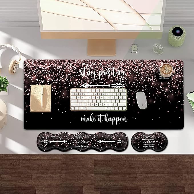 Large Gaming Mouse PadExtended Office Desk MatWaterproof Desk Writing Pad for Home Ergonomic Mouse &ampKeyboard Wrist RestWork Hard Rose Gold Glitter Laptop Desk Pad Black Mousepad Wrist Support