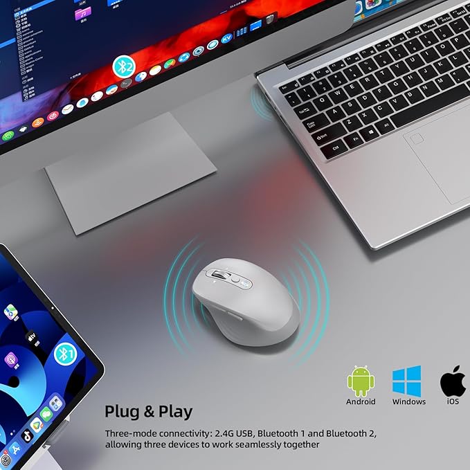 Wireless Bluetooth Mouse Multi Device (BT1/BT2 + 2.4G USB) Mouse for Laptop iPad &amp Mac 4-Way Scroll with Side Buttons Silent Click Ergonomic Offce Mouse Adjustable DPI (White