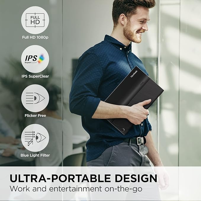 ViewSonic VA1655 15.6 Inch 1080p Portable IPS Monitor with Mobile Ergonomics USB-C and HDMI for Home and Office (Renewed)