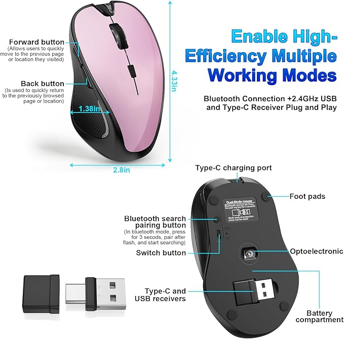 Mouse for MacBook Bluetooth Wireless Mouse Laptop MacBook Air Mac Pro Silent Rechargeable PC iPad Optical Mouse with Jiggler Dual Mode Switch Bluetooth 5.2/3.0 and 2.4GHz USB Type-C Receiver GRAY