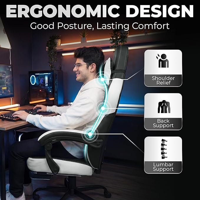 N-GEN GAMING Video Gaming Chair Big and Tall Office Computer Desk Chairs with Ergonomic Lumbar Support High Back Recliner and Footrest for Adults (White)