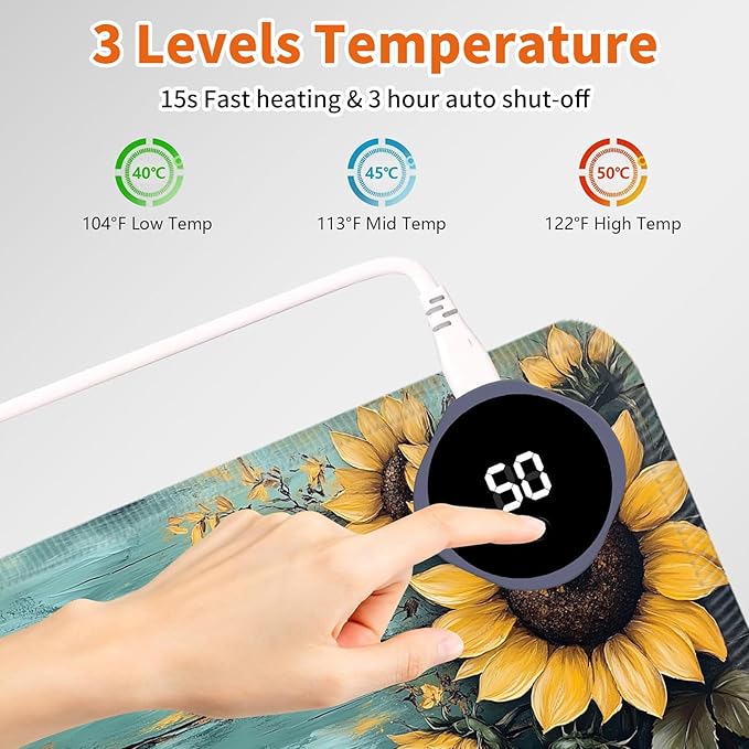 Heated Mouse PadWarm Desk Pad with 3 Levels Heating &amp 3 Hours Auto Shut-Off PU Leather Heated Desk Pad Warmer Pad for Home Office - 31.5 x 13 inchSunflower Blue Wood Grain