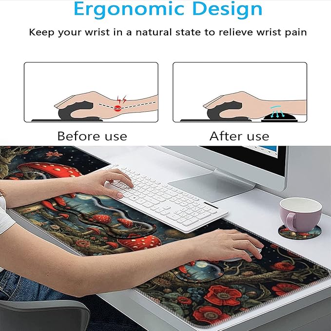 Keyboard Mouse Pad SetLarge Mouse Pad+Keyboard Wrist Rest+Wrist Support+Coaster31.5x11.8in Extended Desk Mat for Computer Laptop Office Home-Mushroom Forest