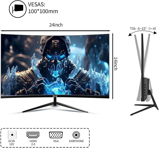 ZZA 27 Gaming Monitor1920 * 1080P 144Hz Curved Computer MonitorHDMI *1VGA*1Tilt AdjustableVESA Compatible Black