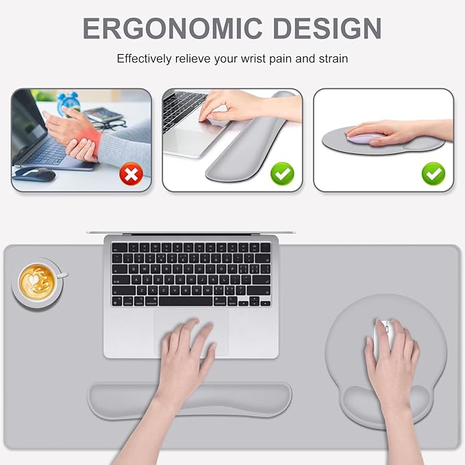 4 PCS Mouse Pad Desk Mat Protector Keyboard Wrist Rest + Comfortable Mouse Pad with Wrist Rest +Coaster Large Gaming Mousepad for Computer Laptop 35.4X 15.7 Deskpad for Office Home I Light Gray