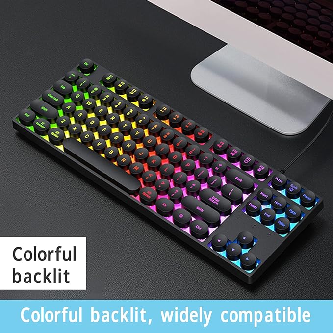 Yunseity 87 Keys Typewriter Mechanical Gaming Keyboard Colorful Backlit Retro Punk Round Keycaps Keyboard Anti Ghosting Hot Swap USB Wired Keyboards for Gamers Typists (Black)
