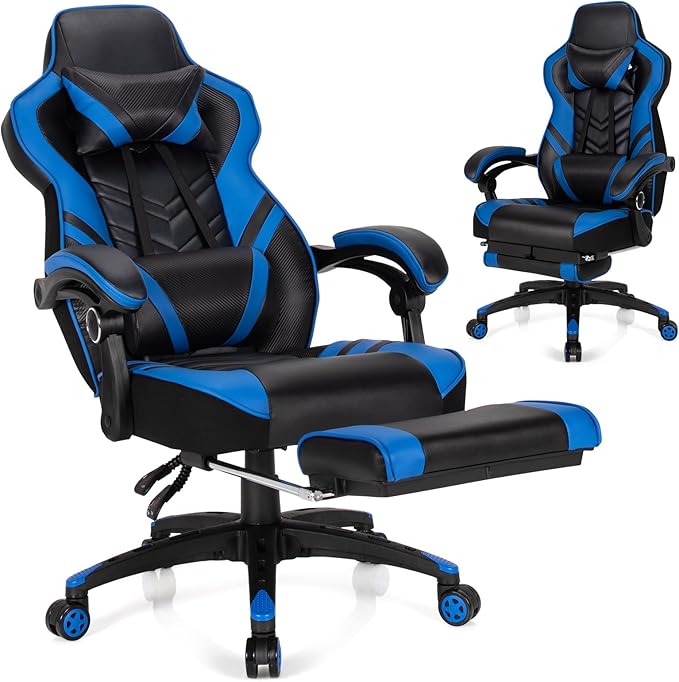 Goplus Gaming Chair Computer Chair with Footrest and Lumbar Support Height Adjustable Executive Swivel Rolling Task Chair with 90°-155° Tilt Function (Blue)