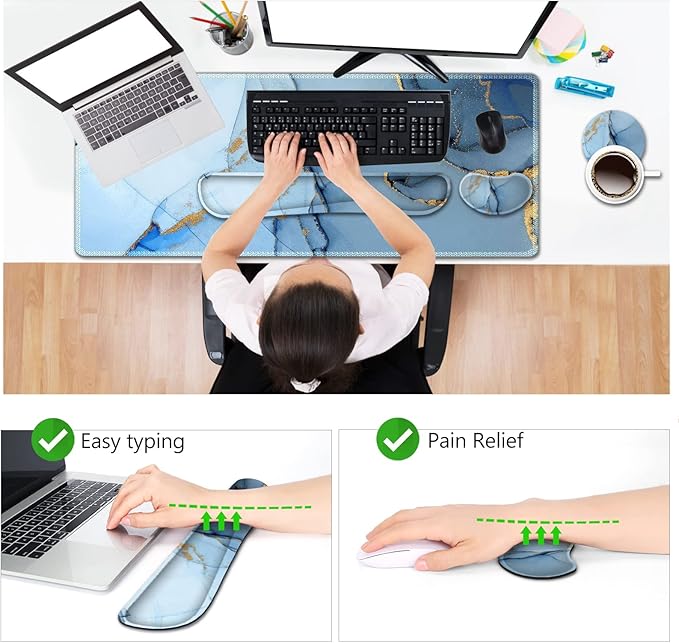 AIMSA Large Gaming Mouse Pad Set Keyboard Wrist Rest Support Mouse Pad Ergonomic Memory Foam Multifunctional Extended Desk Mat 35x15.7in Anti-Slip Rubber Base for Office Home Blue Marble