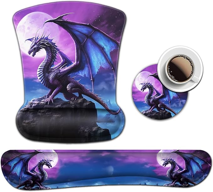 Mouse Pad with Wrist Support Office Easy Typing Games to Relieve Fatigue Non-Slip and Durable Soft Memory Foam Keyboard Wrist Rest Ergonomic Gel Smouse Pad Cartoon Cute Purple Cool Dinosaur