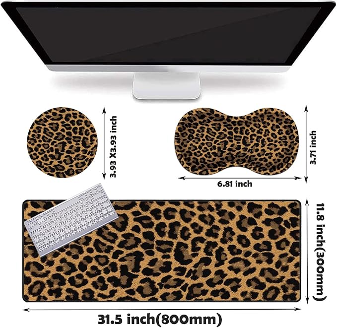 Extended Gaming Mouse Pad Desk Pad Keyboard Pad Mouse Wrist Rest and Coaster Anti-Slip Rubber Base Mouse Pad Suitable for Gaming and Office Leopard Print