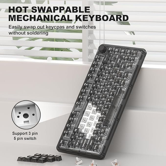 Transparent Mechanical Keyboard 80-Key RGB Backlit Wireless Gaming Keyboards Hot Swap Customizable Clear Acrylic Design Quiet Linear Switches 3 Modes BT5.0/2.4G/USB-C 4000mAh Battery (Black)