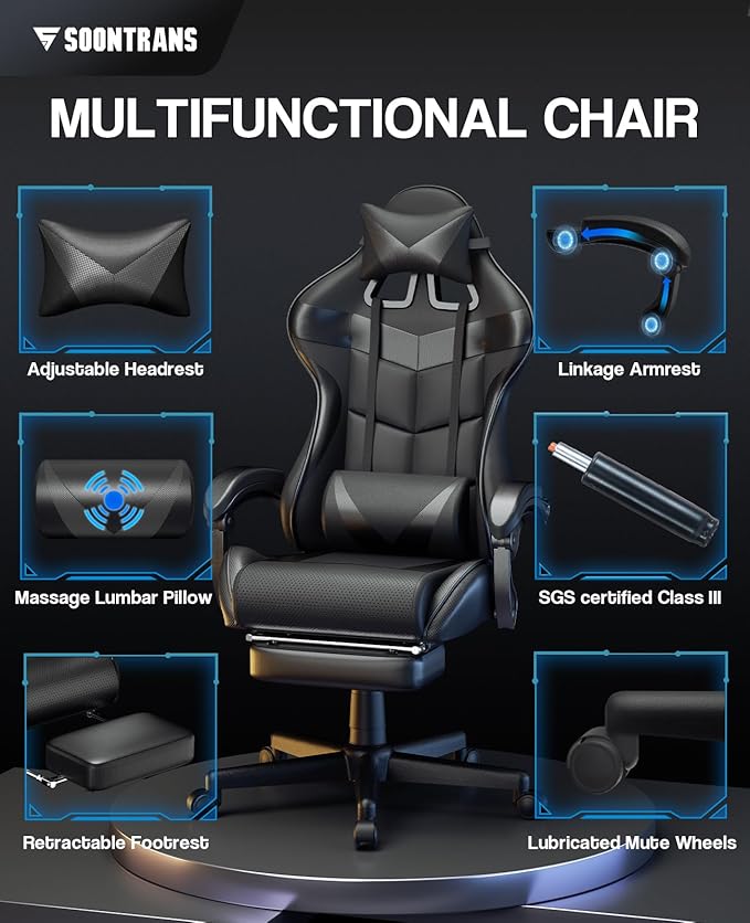 Soontrans Black Gaming Chairs with Footrest Ergonomic Gamer Chair Home Office ChairPC Computer Chair with Headrest and Lumbar Support(Dark Black)