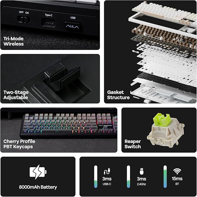 EPOMAKER X Aula F108 PRO Wireless Gaming Keyboard with Screen 8000mAh Battery 104 Hot-Swappable and Programmable Keys and Knob RGB Backlight for Mac/PC/Android (Black Gradient)