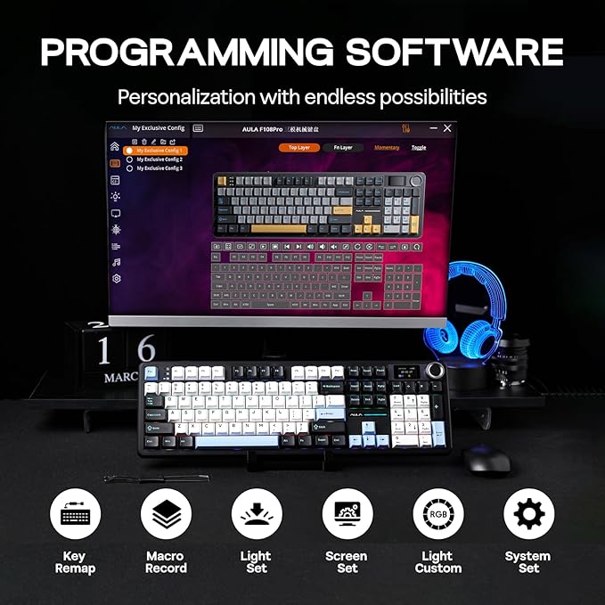 EPOMAKER X Aula F108 PRO Wireless Gaming Keyboard with Screen 8000mAh Battery 104 Hot-Swappable and Programmable Keys and Knob RGB Backlight for Mac/PC/Android (Blue&ampWhite&ampBlack)