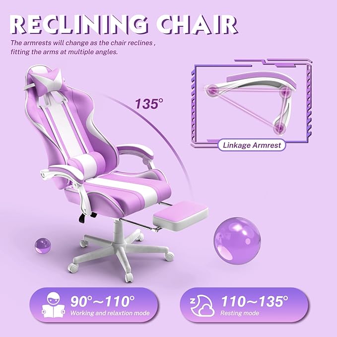 Ferghana Kawaii Light Purple Gaming Chair with Bunny Ears Ergonomic Cute Gamer Chair with Footrest and Massage Racing Reclining Leather Computer Game Chair 250lbs for Girls Adults Teens Kids