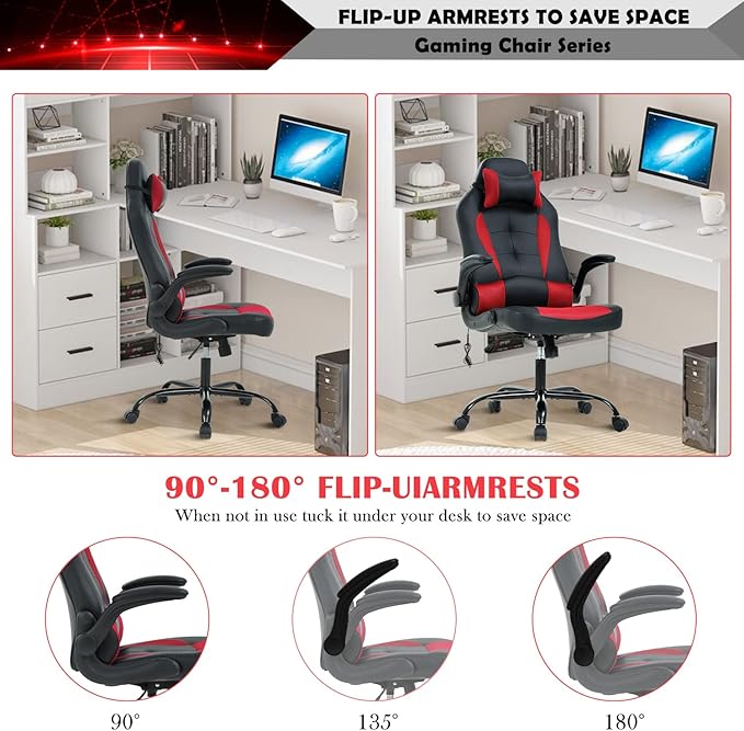Gaming Chair Ergonomic Video Game Chair Computer High Back Office Desk Chair with Lumbar Support Adjustable Swivel Reclining Rolling PU Leather Game Chairs (Red and Black)