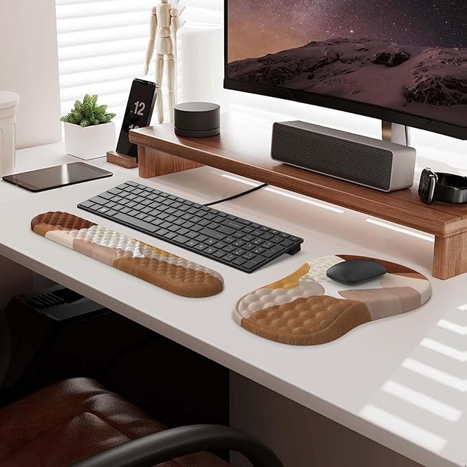 HAOCOO Ergonomic Mouse Pad with Wrist Support and Keyboard Pad Set 3 PCS Computer Carpal Tunnel Mouse Pads for Desk with Coaster Memory Foam Mousepad for Home Office Brown Boho