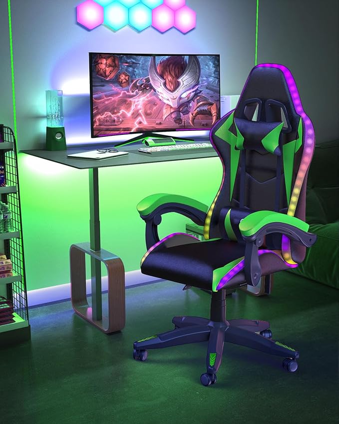 Gaming Chair with RGB LED Lights Ergonomic Computer Chair with Headrest and Lumbar Support PU Leather High Back Height Adjustable Swivel Video Game Chairs for Adults(Green)