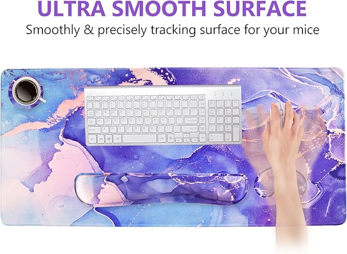 DINKY Keyboard Mouse Pad Set Large Gaming Mousepad + Memory Foam Ergonomic Keyboard Wrist Rest Support Easy Typing Pain Relief 4Pcs (35.4 x 15.7) Extended Desk Mat-Modern Purple Marble