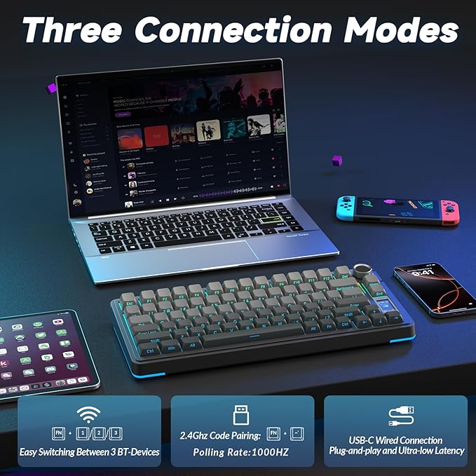 AULA S75 PRO Wireless Mechanical Keyboard with Screen&ampKnob Tri-Mode Hot Swappable Gaming Keyboard 75% Pre-lubed Switches RGB Backlit Side Printed PBT Keycaps Creamy Sounding Computer Keyboard