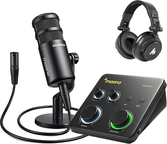 MAONO USB Audio Interface for PC &amp XLR Dynamic Microphone&amp Studio Headphone: Interface with XLR Input 24-bit/192kHz Routing Software Loopback for Recording Music Guitar Podcast Streaming
