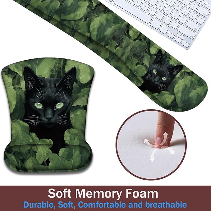 Keyboard Wrist Rest and Mouse Pad Wrist Support with Lace-Shaped Coaster Set Ergonomic Gel Memory Foam and Anti-Slip Base Easy Typing and Pain Relief - Black Cat