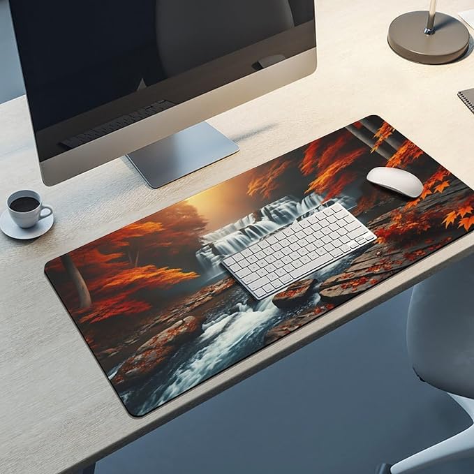Autumn Waterfall and Colorful Foliage Desk Mat Desk Pad Large Mouse Pad Anti-Slip Big Mousepad with Stitched Edges Computer Mouse Pads for Gaming Home Office Work 16x36